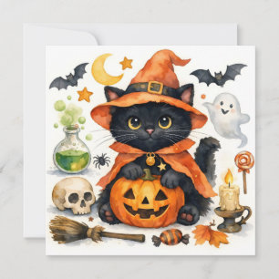 Watercolor Halloween Black Cat in Costume Holiday Card