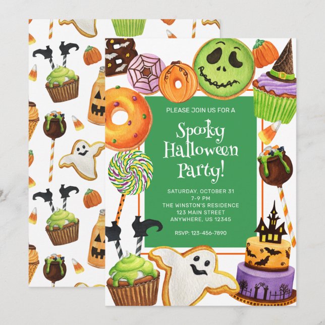 Watercolor Halloween Cookies and Sweets Party Invitation (Front/Back)