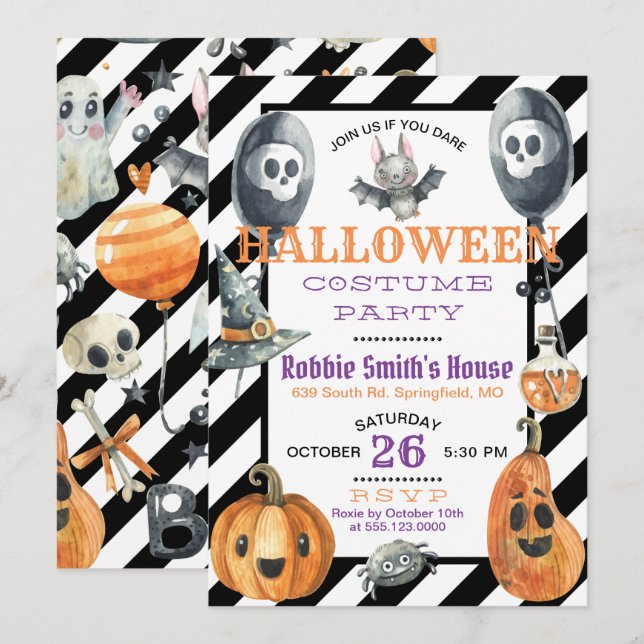Watercolor Halloween Costume Party Invitation (Front/Back)