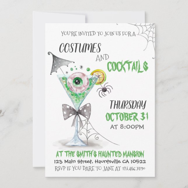 Watercolor Halloween Costumes and Cocktails Invitation (Front)