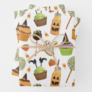 Watercolor Halloween Cupcakes and Sweets Wrapping Paper Sheet