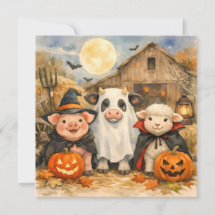Watercolor Halloween Farm Animals by the Barn Card
