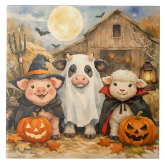 Watercolor Halloween Farm Animals by the Barn Tile