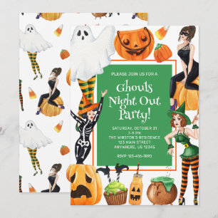 Watercolor Halloween Fashion Girls Witches Party Invitation