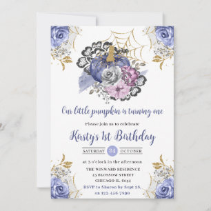 Watercolor Halloween Floral Pumpkins 1st Birthday Invitation