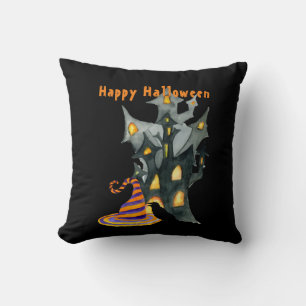 Watercolor Halloween House & Hat Cushion