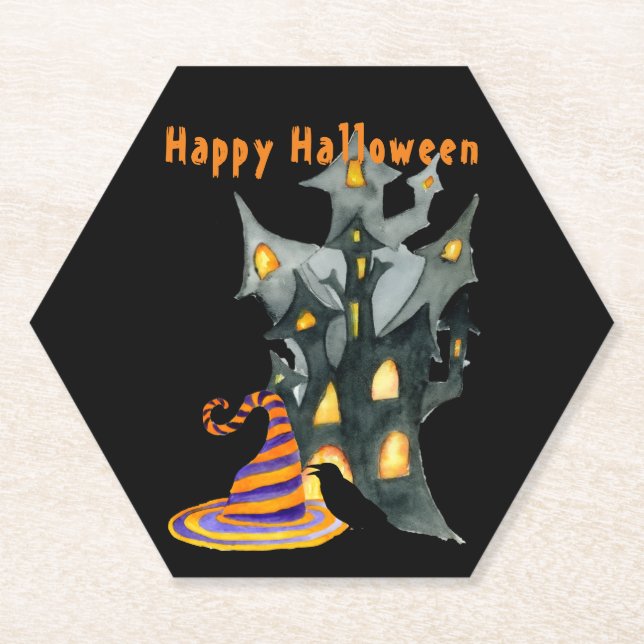Watercolor Halloween House & Hat  Paper Coaster (Front)