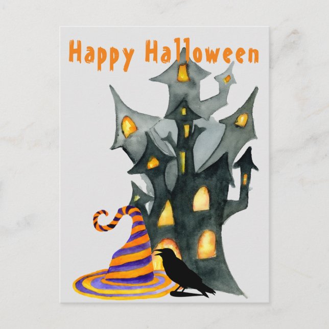 Watercolor Halloween House & Hat Postcard (Front)