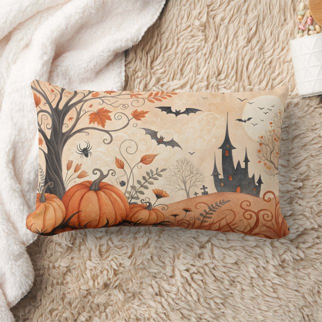 watercolor halloween hunted house with pumpkin lumbar cushion (Creator Uploaded)