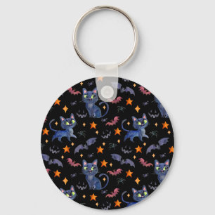 Watercolor Halloween illustration with black cats Key Ring