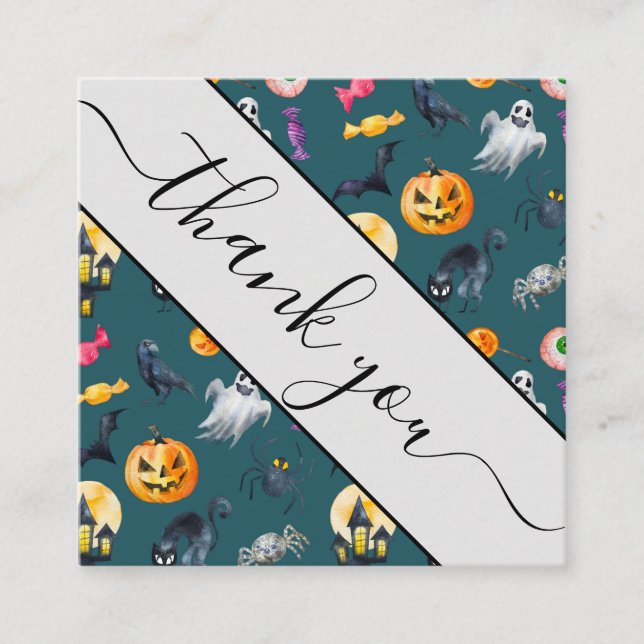 Watercolor Halloween Monsters Customer Thank You Square Business Card (Front)