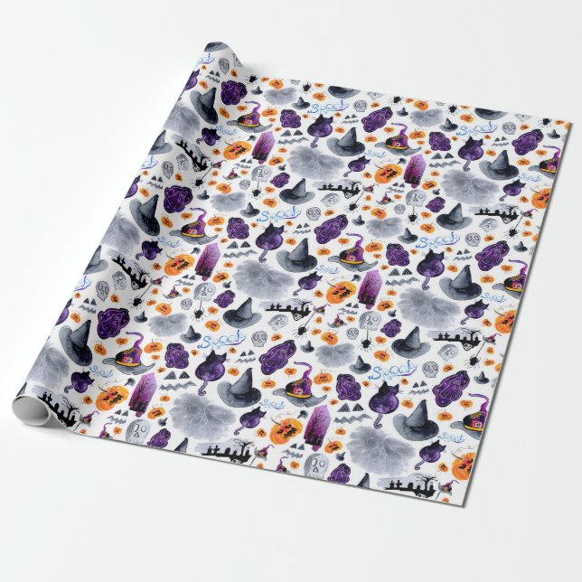 Watercolor Halloween Pattern Wrapping Paper (Unrolled)