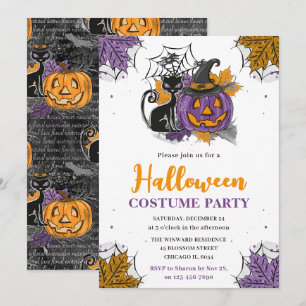 Watercolor Halloween Pumpkin & Cat Costume Party Invitation