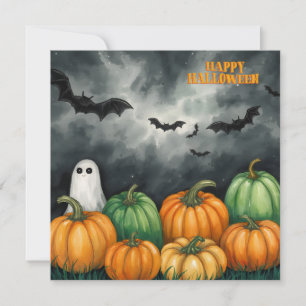 Watercolor Halloween Pumpkins and Ghost  Card