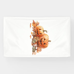 Watercolor Halloween Pumpkins with Autumn Leaves O Banner