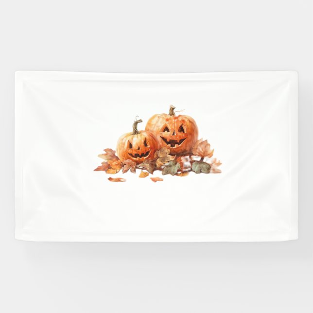 Watercolor Halloween Pumpkins with Autumn Leaves O Banner (Horizontal)