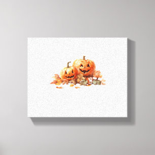 Watercolor Halloween Pumpkins with Autumn Leaves O Canvas Print