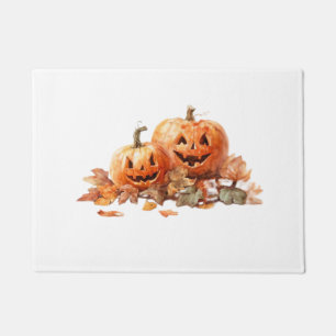 Watercolor Halloween Pumpkins with Autumn Leaves O Doormat