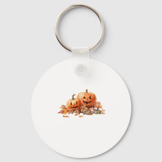 Watercolor Halloween Pumpkins with Autumn Leaves O Key Ring (Front)