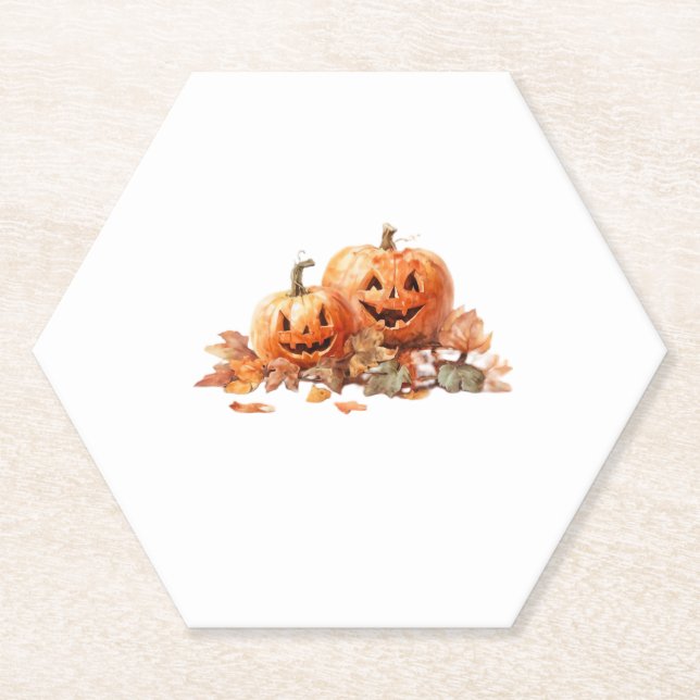 Watercolor Halloween Pumpkins with Autumn Leaves O Paper Coaster (Front)