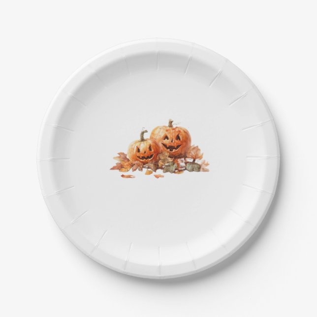 Watercolor Halloween Pumpkins with Autumn Leaves O Paper Plate (Front)
