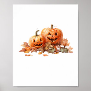 Watercolor Halloween Pumpkins with Autumn Leaves O Poster