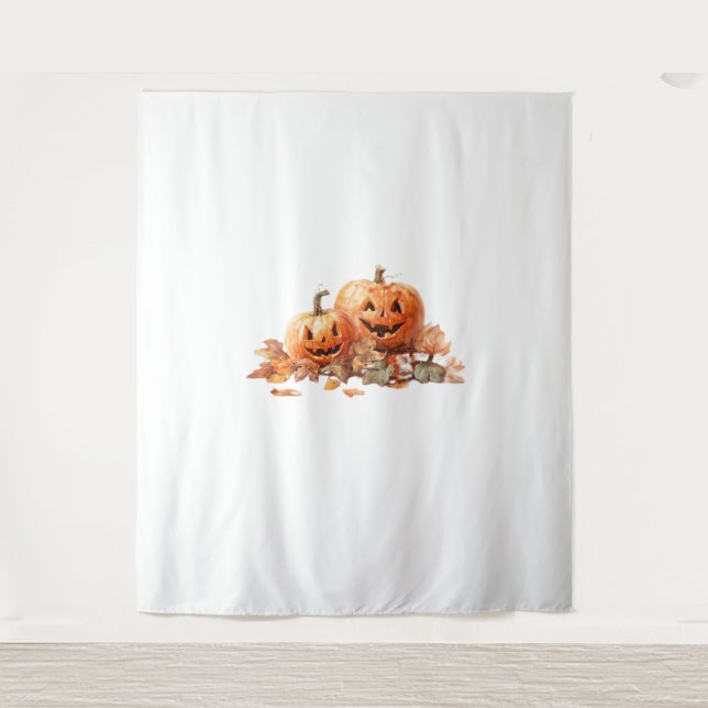 Watercolor Halloween Pumpkins with Autumn Leaves O Tapestry (Front)