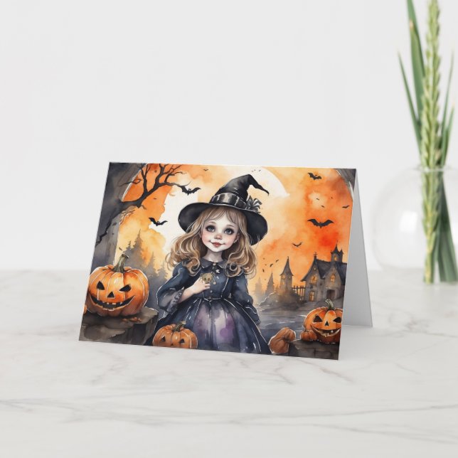 Watercolor Halloween Witch Holiday Card (Front)