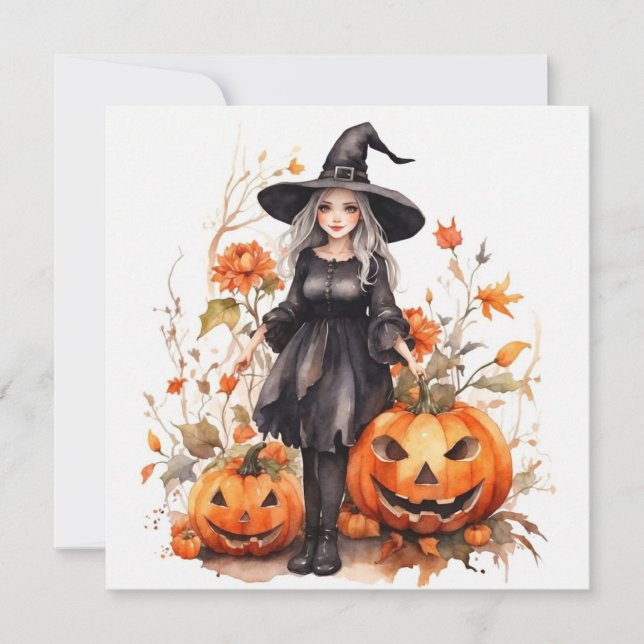 Watercolor Halloween Witch with Pumpkins Holiday Card (Front)