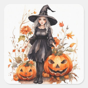 Watercolor Halloween Witch with Pumpkins Square Sticker