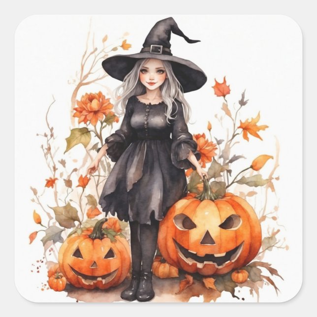 Watercolor Halloween Witch with Pumpkins Square Sticker (Front)