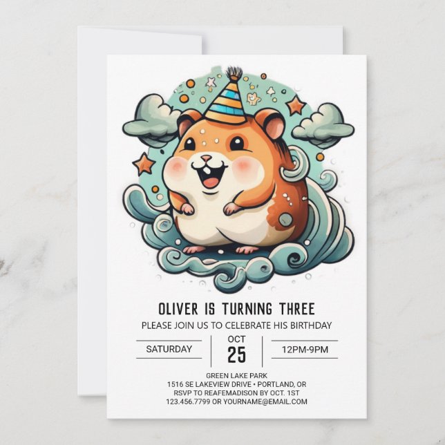 Watercolor Hamster Printable Birthday Invitation (Front)