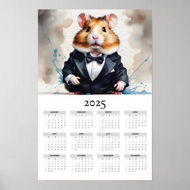 Watercolor Hamster Wearing Tux 2025 Wall Calendar Poster (Front)