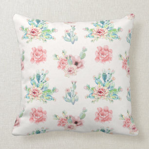 Watercolor Hand Draw Exotic Cacti Set With Flowers Cushion