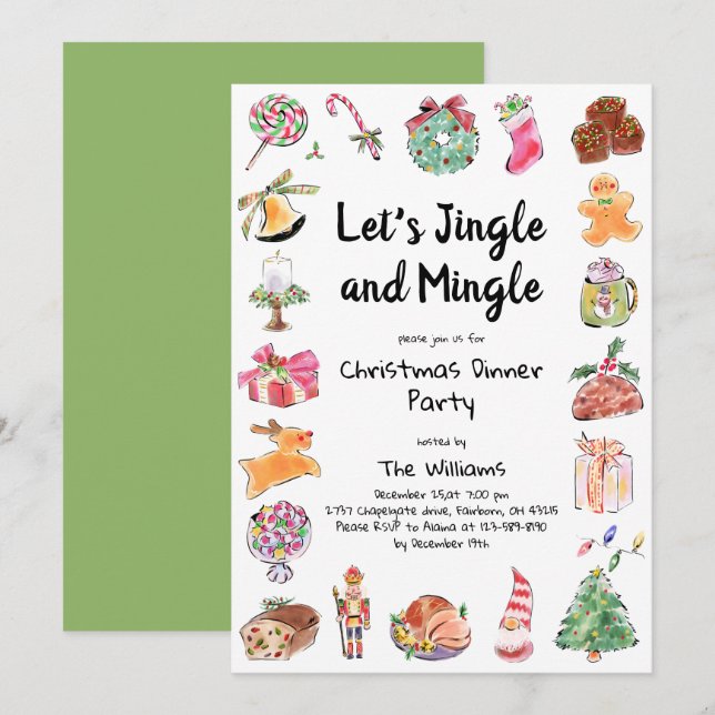 Watercolor Hand Drawn Christmas Party  Invitation (Front/Back)