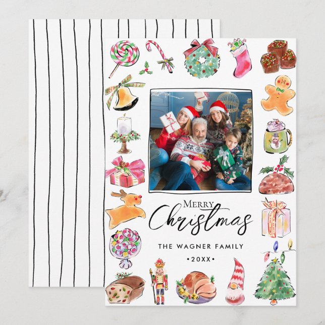 Watercolor Hand Drawn Christmas Photo  Holiday Card (Front/Back)