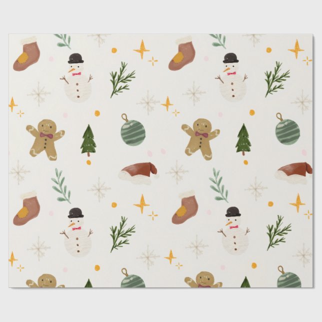Watercolor Hand-Drawn Christmas Seamless Pattern  Wrapping Paper (Flat)