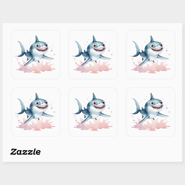 Watercolor Hand Drawn Cute Playful Baby Shark Square Sticker (Sheet)
