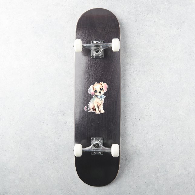 Watercolor Hand Drawn Puppy With Powder Blue Bow (Skateboard)
