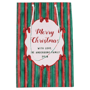 Watercolor Hand Drawn Red Bows Stripes Christmas Medium Gift Bag