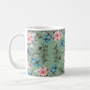 Watercolor hand drawn seamless pattern with beauti coffee mug