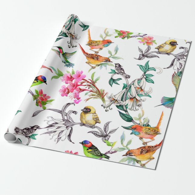 Watercolor hand drawn seamless pattern with tropic wrapping paper (Unrolled)