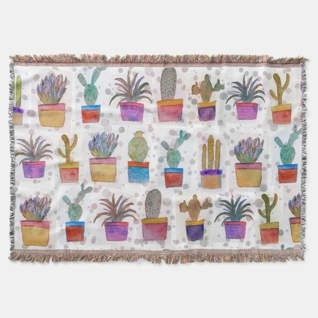 Watercolor hand paint cactus pattern throw blanket (Front)