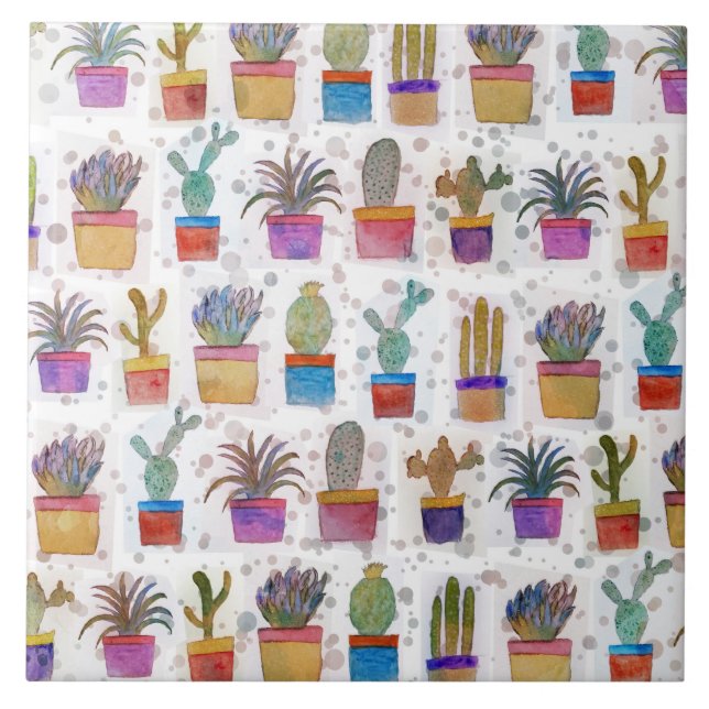 Watercolor hand paint cactus pattern tile (Front)