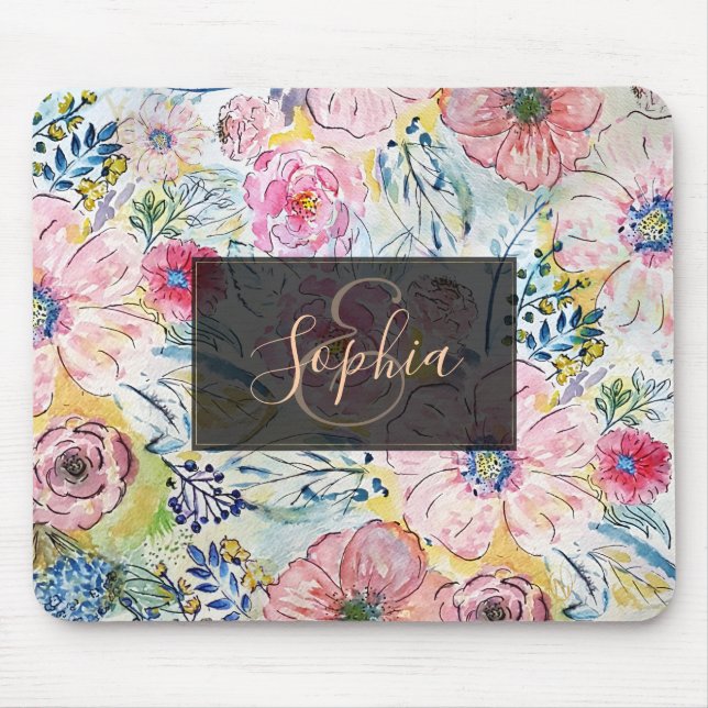 Watercolor hand paint floral design mouse mat (Front)
