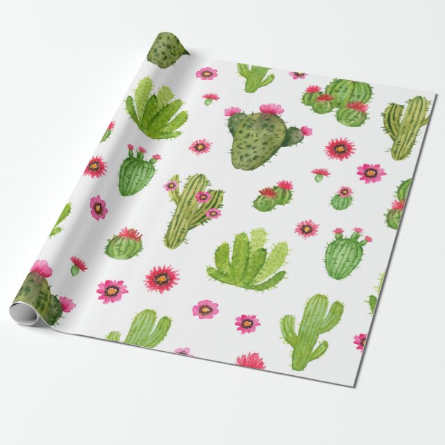 Watercolor hand painted cactus seamless pattern wrapping paper (Unrolled)