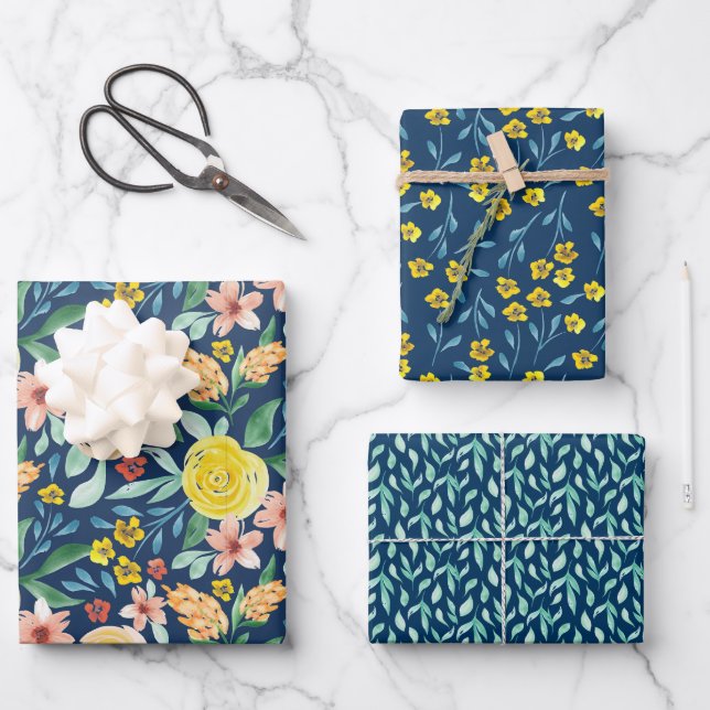 Watercolor hand painted floral patterned  wrapping paper sheet (Front)