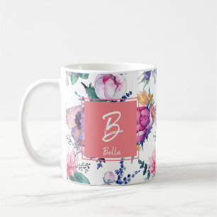 Watercolor Hand Painted Flowers Monogram Girl Coffee Mug