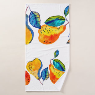 Watercolor hand painted pears in seamless border. bath towel