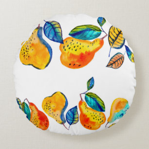 Watercolor hand painted pears in seamless border. round cushion